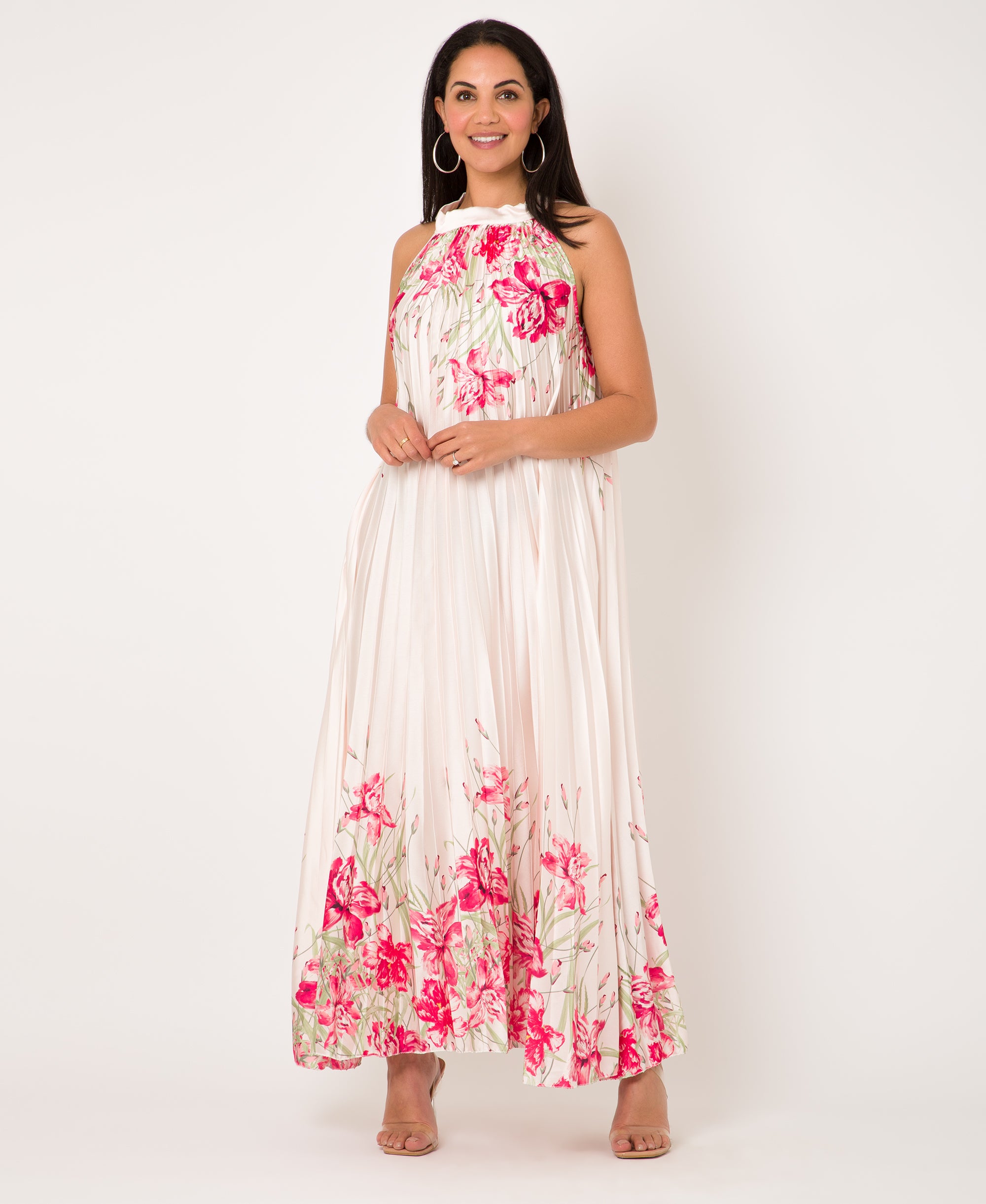 KRISP Floral Print Pleated Satin Halterneck Maxi Dress (11110)